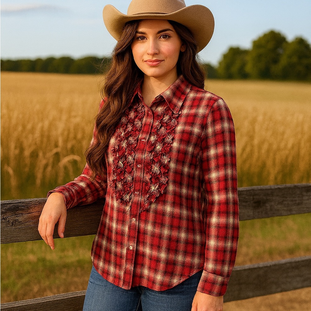 Extra long Costa Blanca red Plaid /  chest ruffle /  button down / feminine